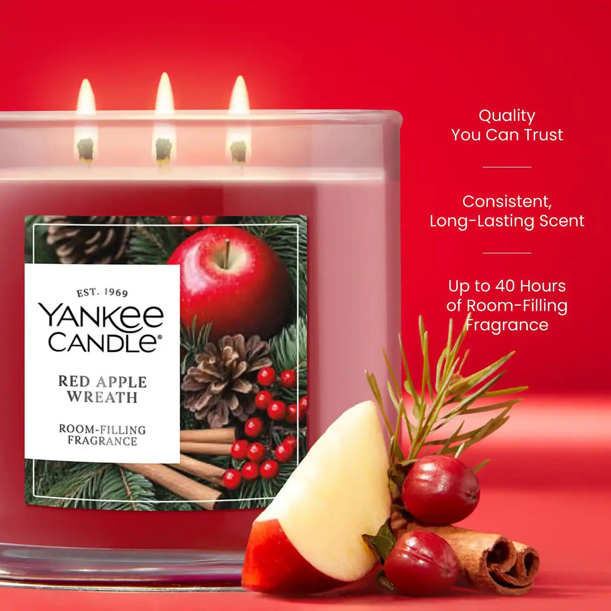 Red Apple Wreath 3-Wick Candle